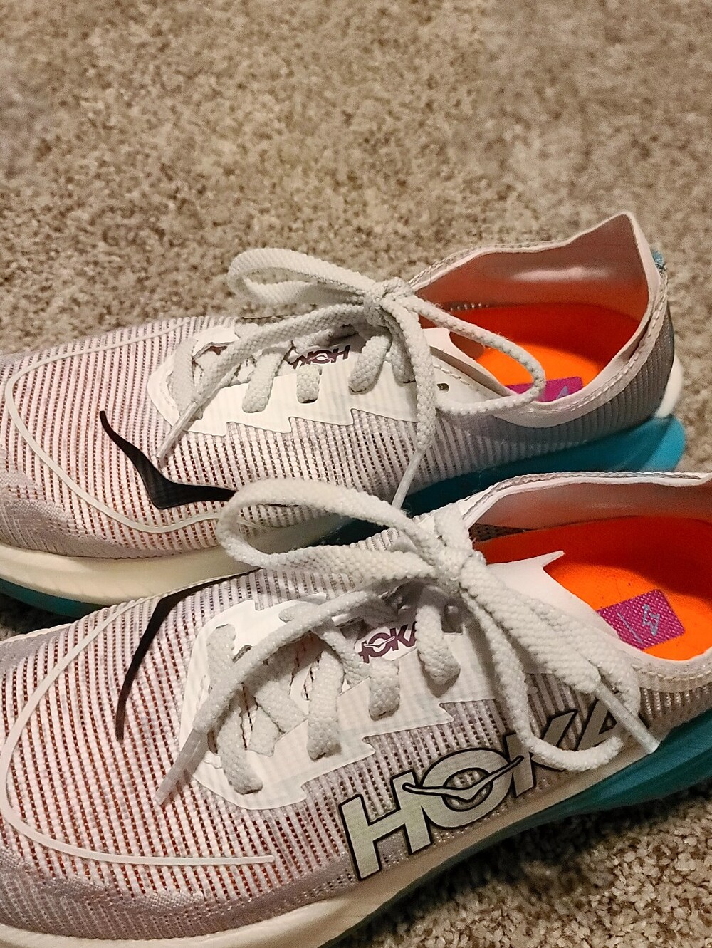 Women's 7B, Hoka Mach X2 White Teal Athletic Running Shoes with Orange - Picture 5 of 10